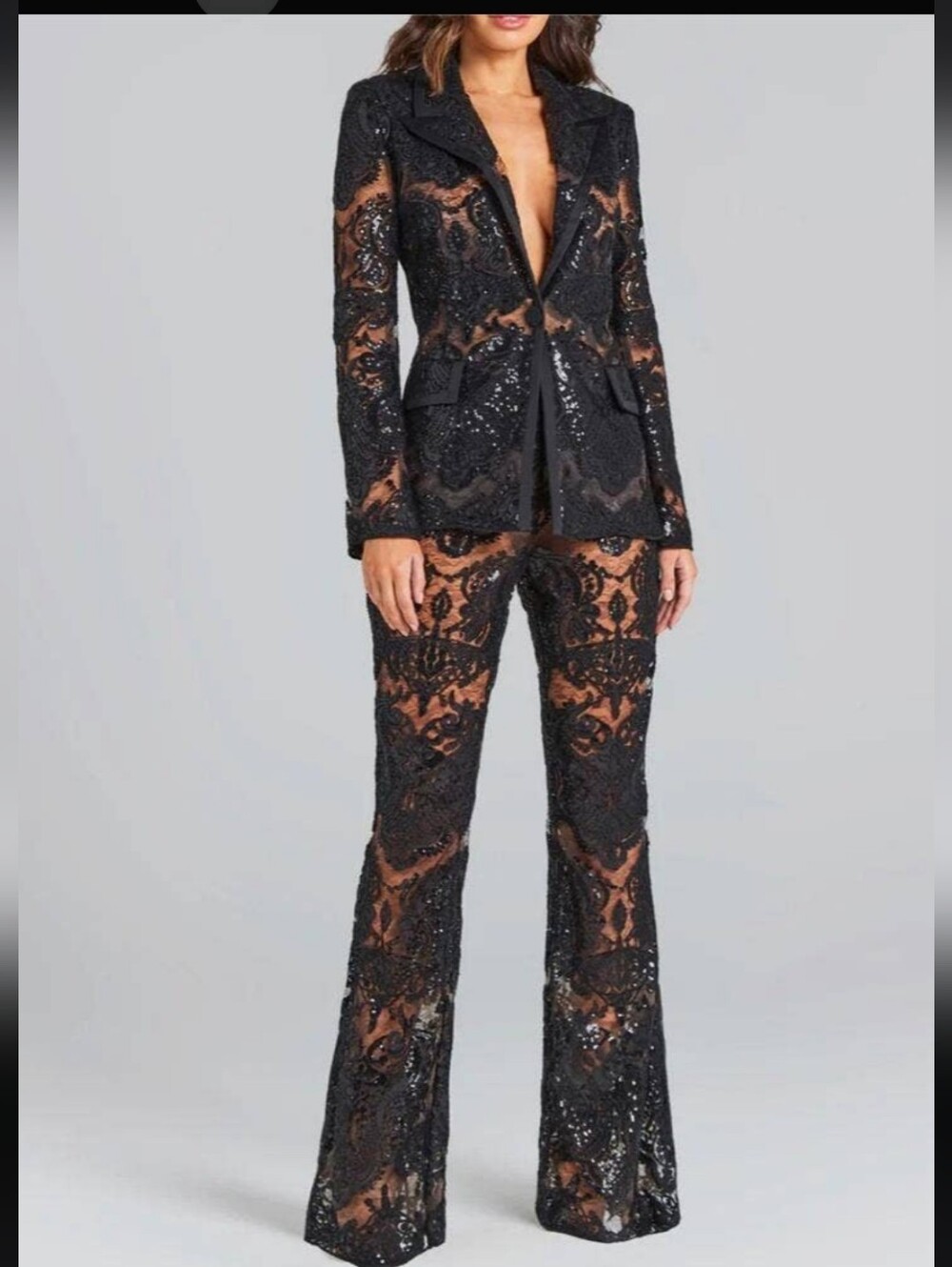 SALE! Sheer Lace Sequin Blazer & Flare Pants Set - Black